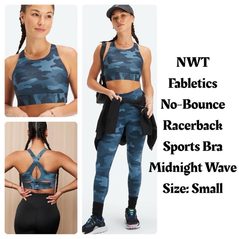 NWT Fabletics‎ No-Bounce Racerback Sports Bra Midnight Wave Camo Size Small